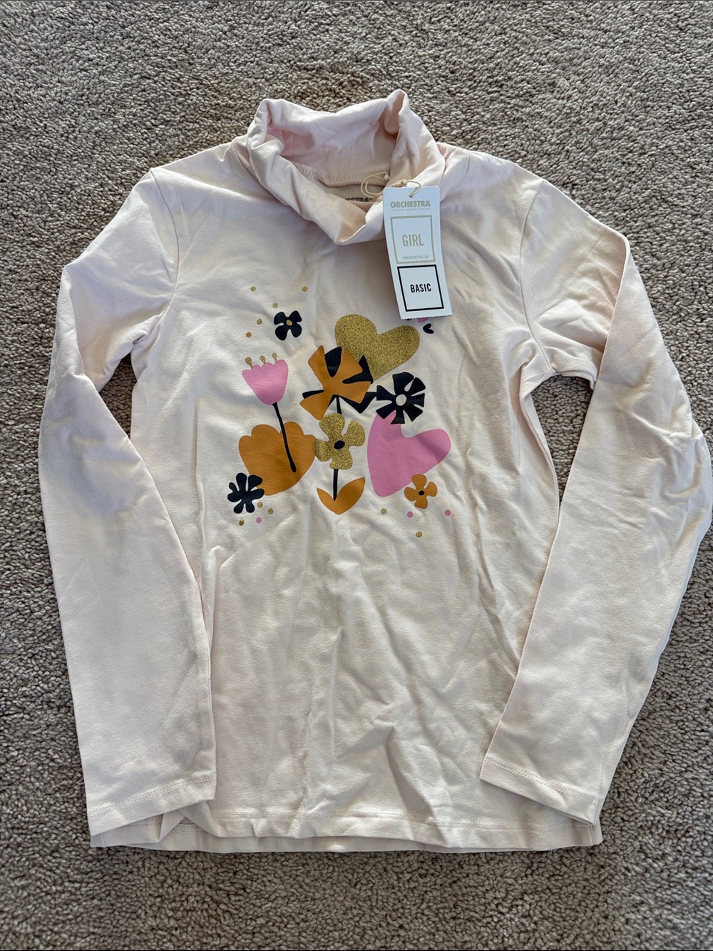 Medium Orchestra Pink Long-Sleeve turtleneck shirt with Floral & Heart Graphic